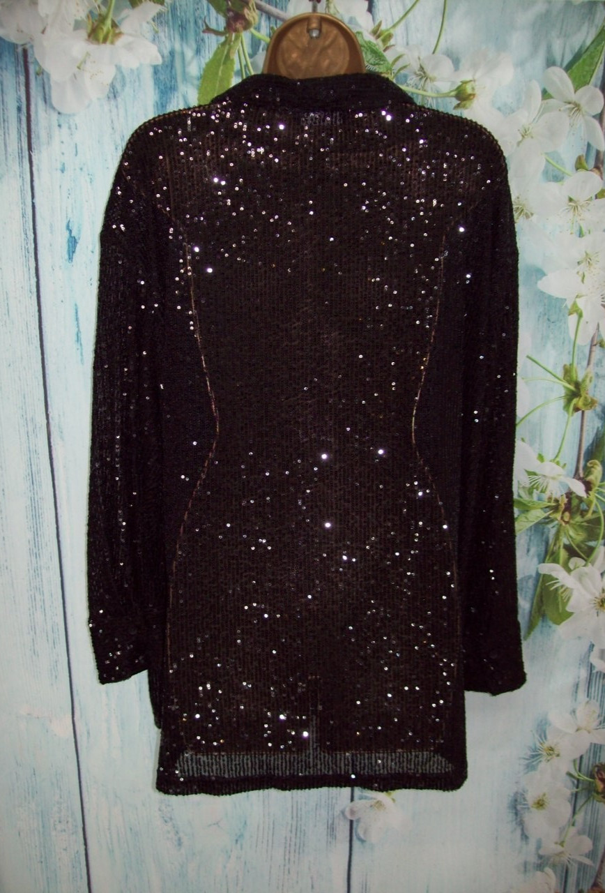 New F&F Black Sequin Shirt Top UK 12 Oversized 12/14 Stretch Party Occasion