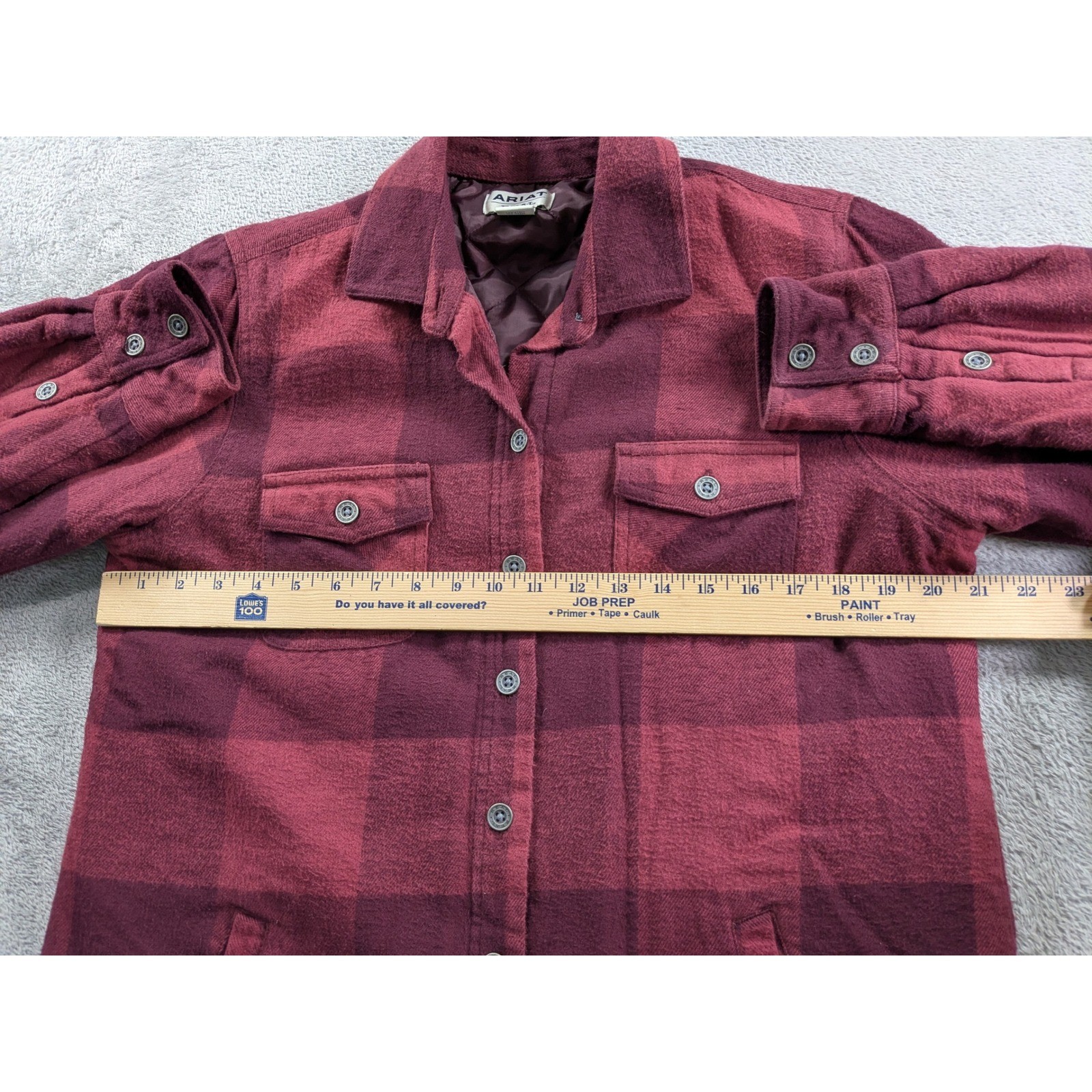 Ariat ReAL Womens L Quilted Flannel Shirt Jacket Burgundy Buffalo Plaid Lined