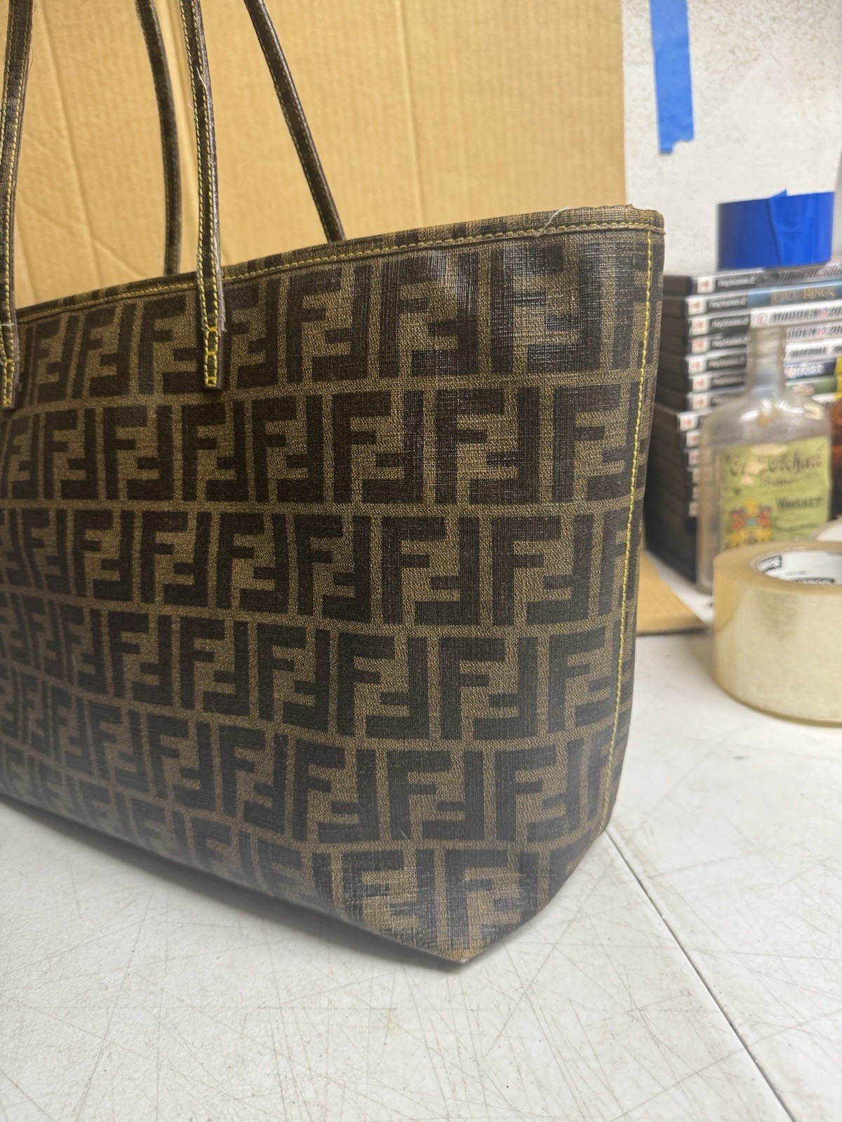 Fendi Zucca FF Roll Tote Bag Brown Canvas Leather Large Authentic 8BH185