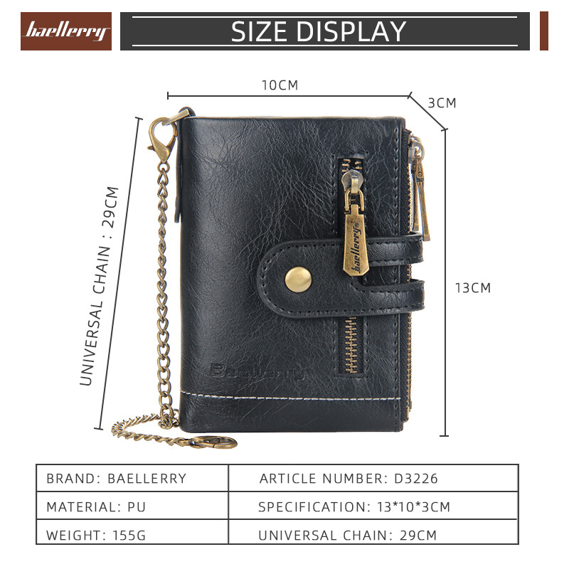 Men Leather Black Wallet with Anti-theft Chain Bifold Double Zipper Purse Gift