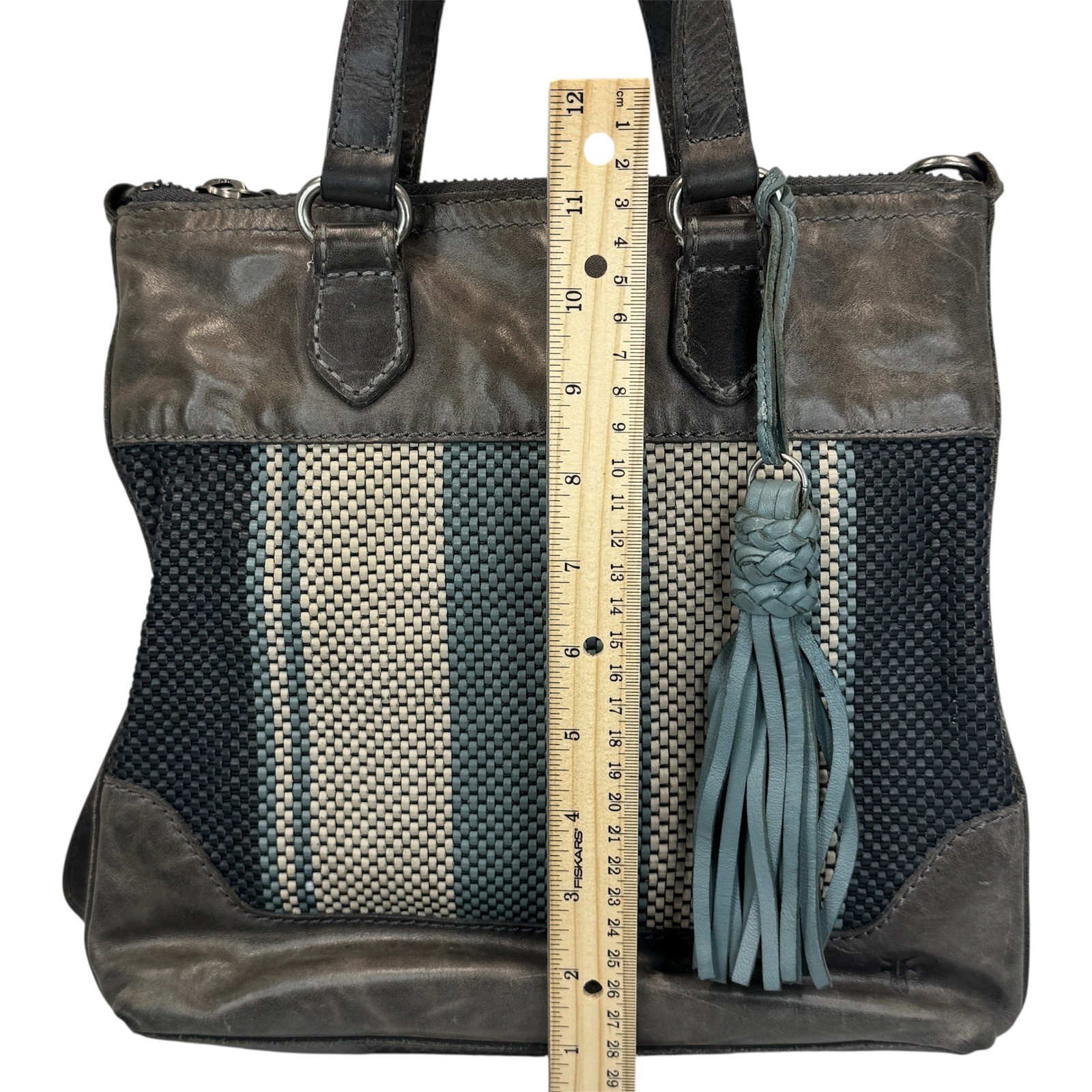 Frye Melissa Striped Crossbody Satchel Grey Leather Woven Bag Tassel Charm