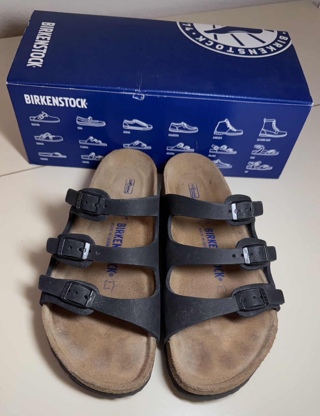 Birkenstock Florida Black Leather Sandals EU 39 Soft Regular Fit READ EXCELLENT
