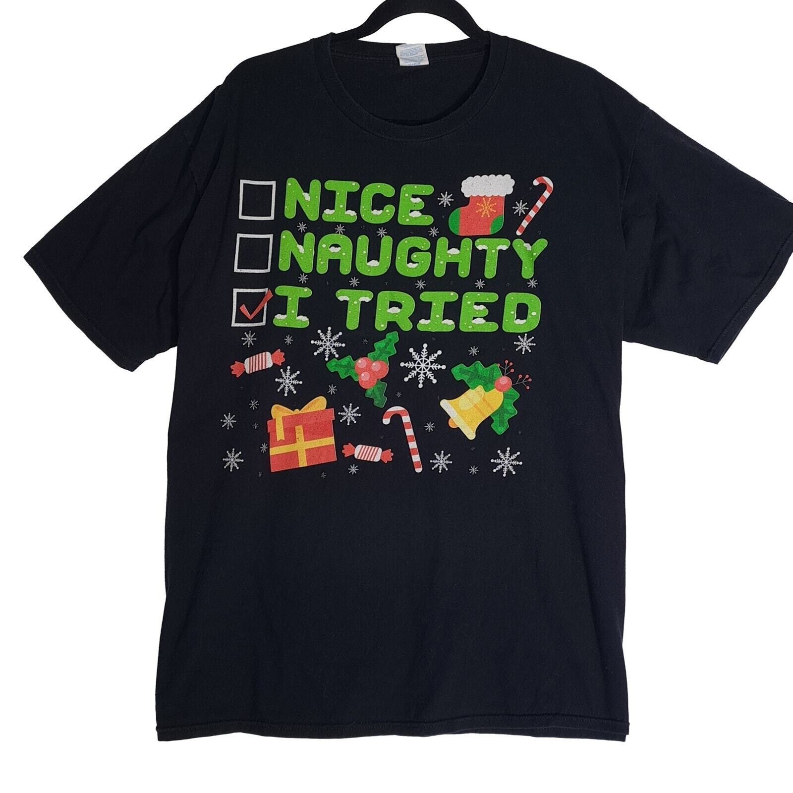Christmas Holiday Tee Mens 2X Black Funny I Tried Nice Naughty T Shirt Unisex