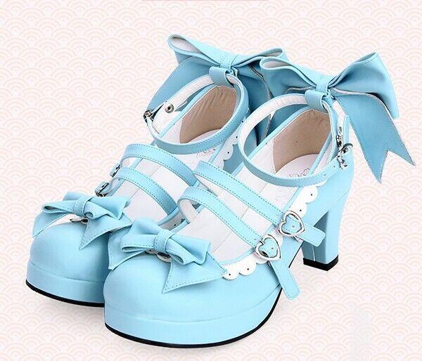 Lolita Women’s Mid Heel Cosplay Shoes Bowknot Platform Sweet Candy Shiny Leather