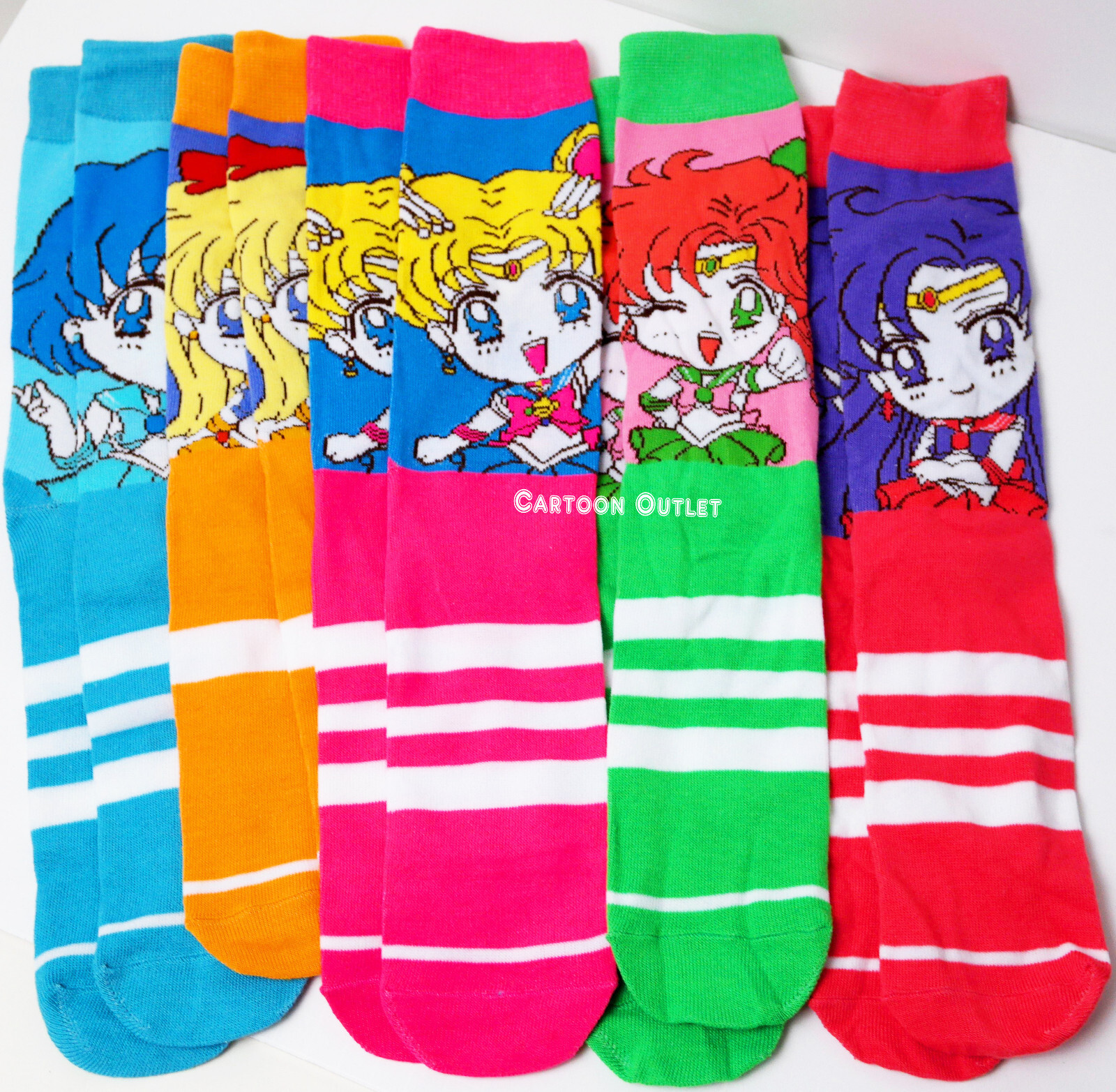 Sailor Moon 5 Pair Crew Socks Stripped Birthday Gift Fits Shoe Size 8 – 12 New