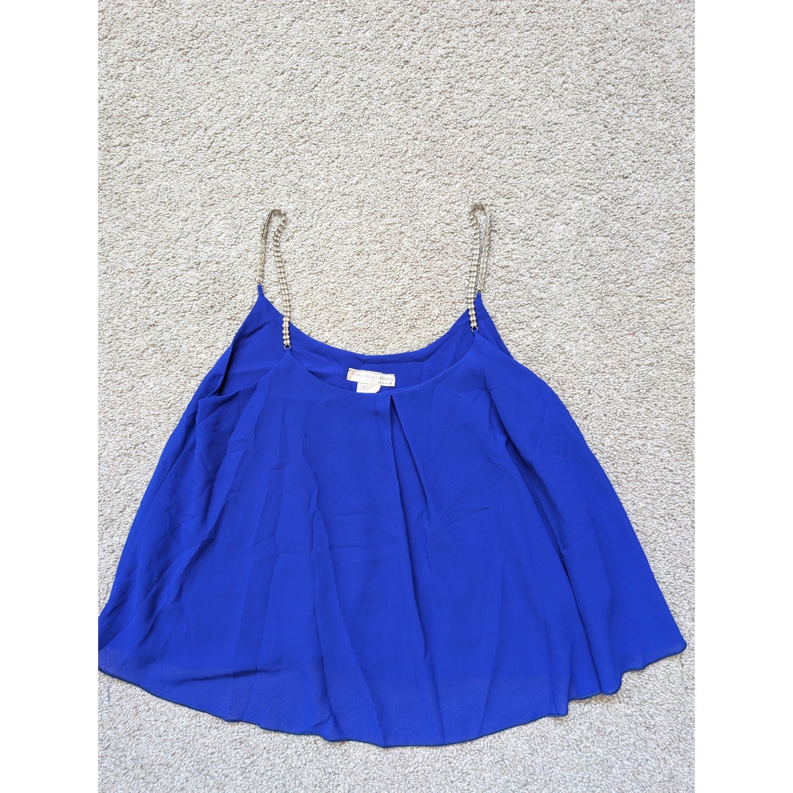 A’GACI C2523 Camisole Top Women S Polyester Blue Rhinestone Chain Strap Pleated