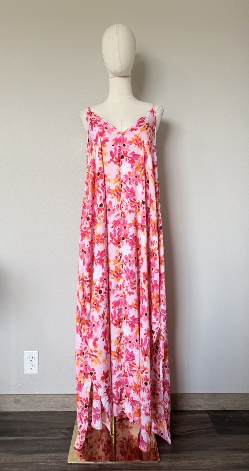 Van Winkle Pink Orange Tropical Maxi Dress Beach Coastal Boho Pockets Womens 1X