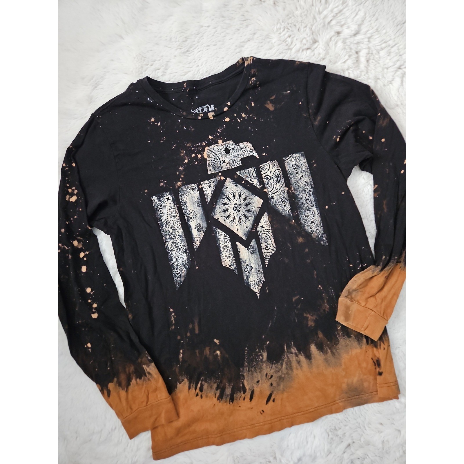 One24 Rags Bleached Thunderbird Graphic Tee Large Black Orange Acid Wash Grunge