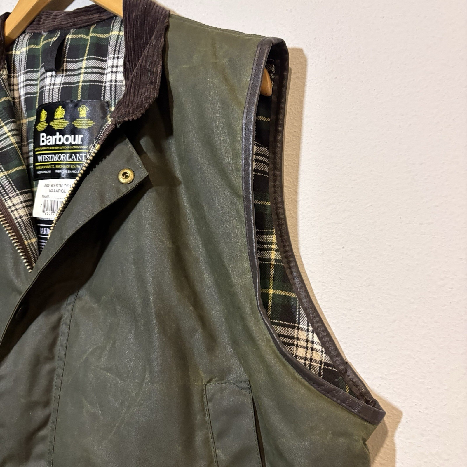BARBOUR – A22O WESTMORLAND WAX COTTON VEST SAGE MADE IN UK Size XL Rare Zip Up