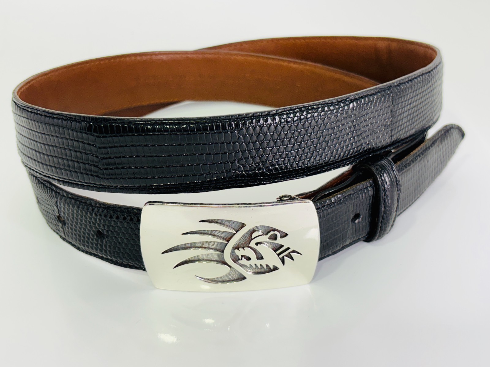 Sterling Silver .925 Bear Claw Belt Buckle Black Lizard Strap Made in USA 38