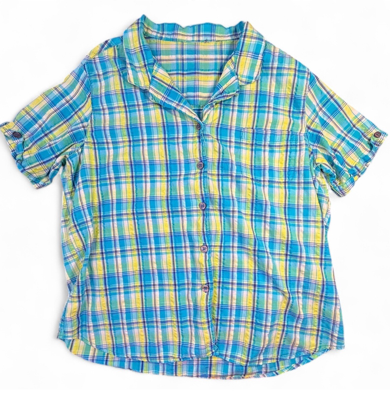 TURQUOISE YELLOW PLAID SHORT SLEEVE BUTTON UP SHIRT, CHEST 46 IN, LENGTH 27 IN