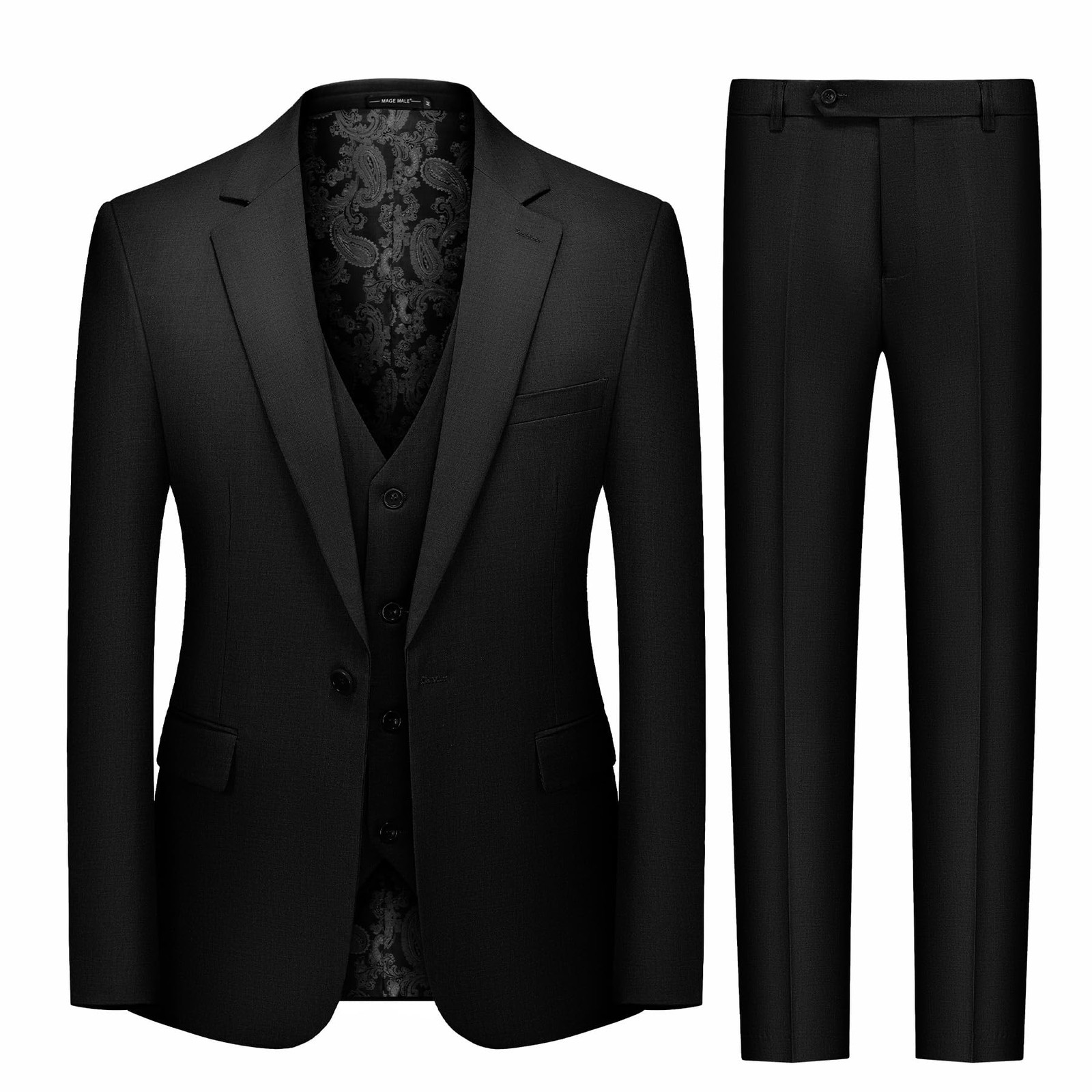 MAGE MALE Men’s 3 Piece Suit Slim Fit Notch Lapel Blazer Vest Pants Black 3XL