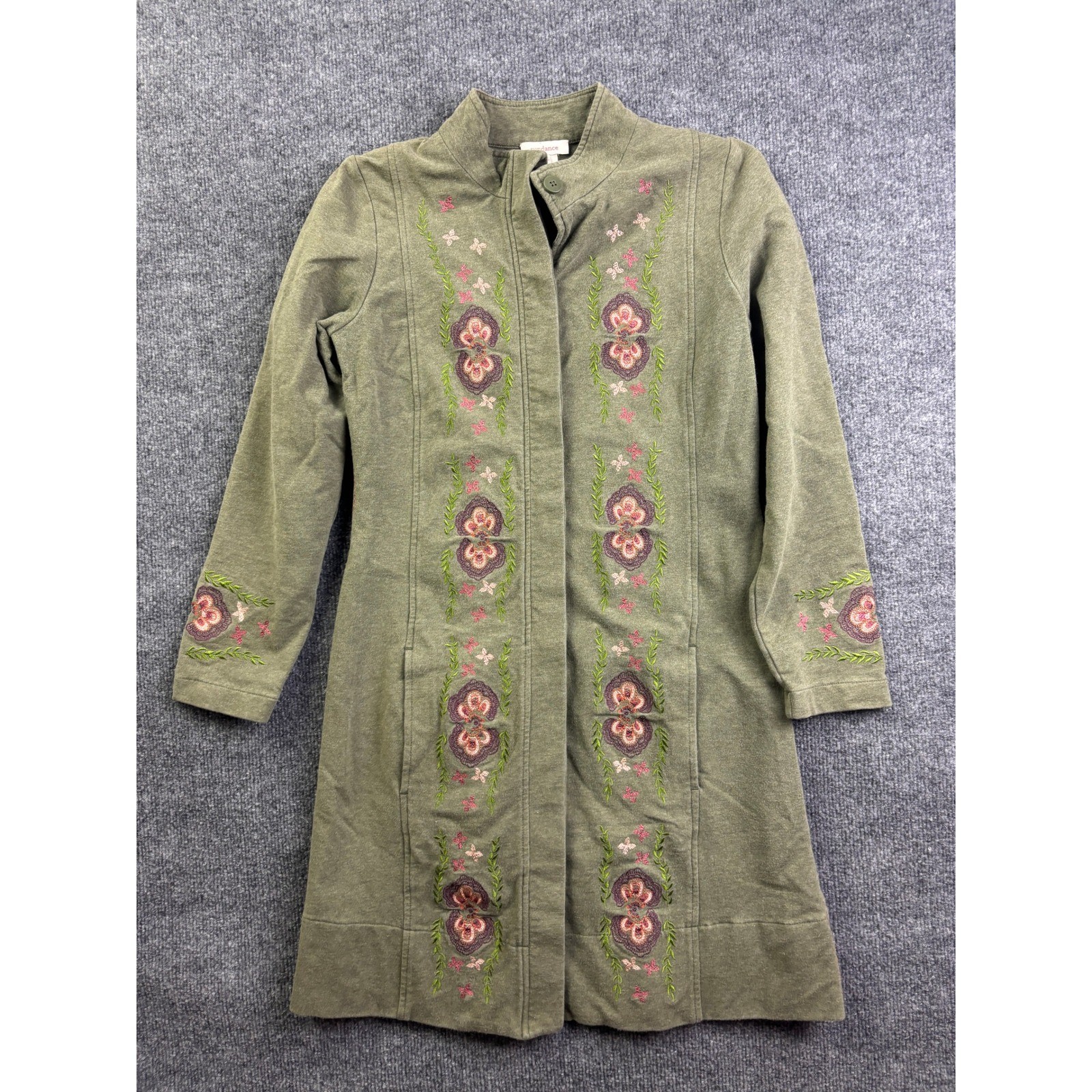 Sundance Embroidered Long Jacket Womens PXS Green Cotton Blend Floral Mock Neck