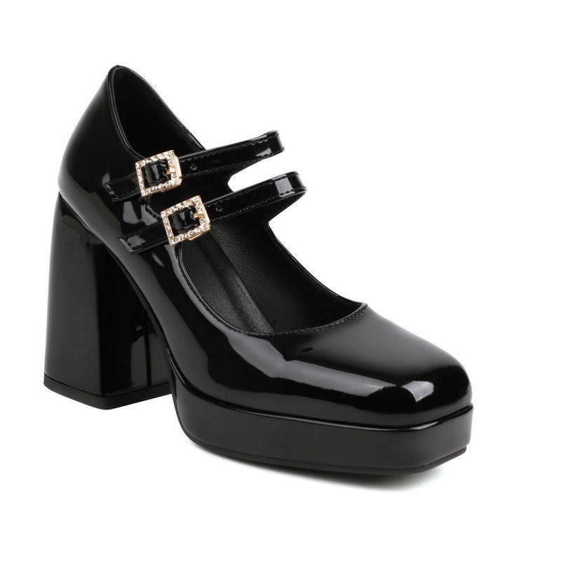 Women Patent Leather Rhinestone Platform Block Heel Square Toe Mary Jane Pumps