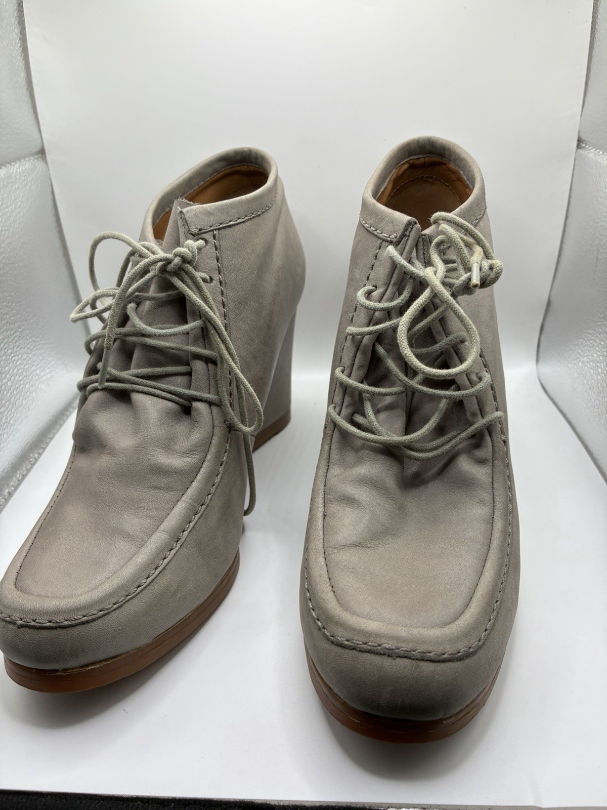 Zara Taupe Lace Up Wedge Ankle Boots Women’s Size 38 US 7.5 Moc Toe Hidden Wedge