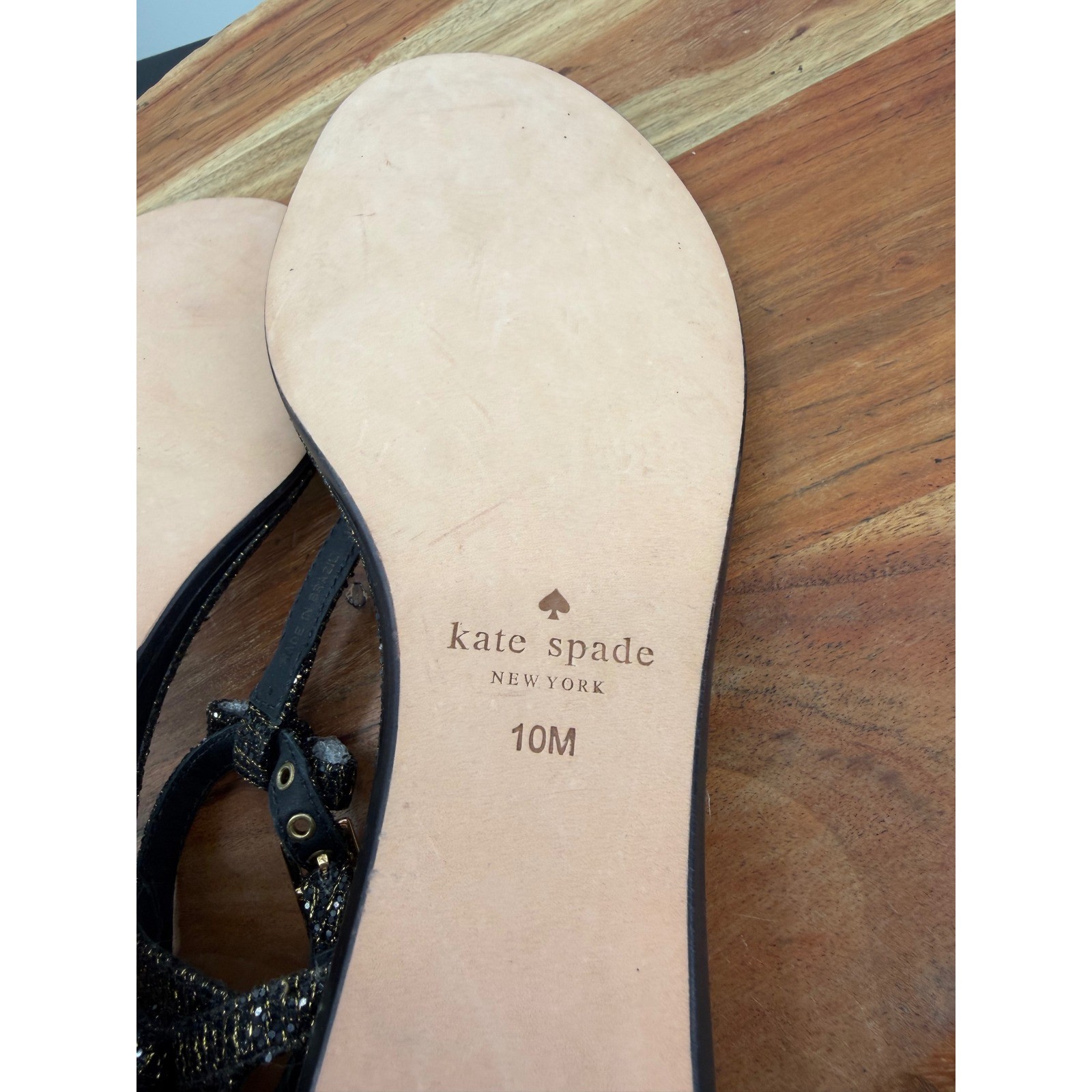 Kate Spade New York T-Strap Sandals Women 10M Black Gold Metallic Bow Flat