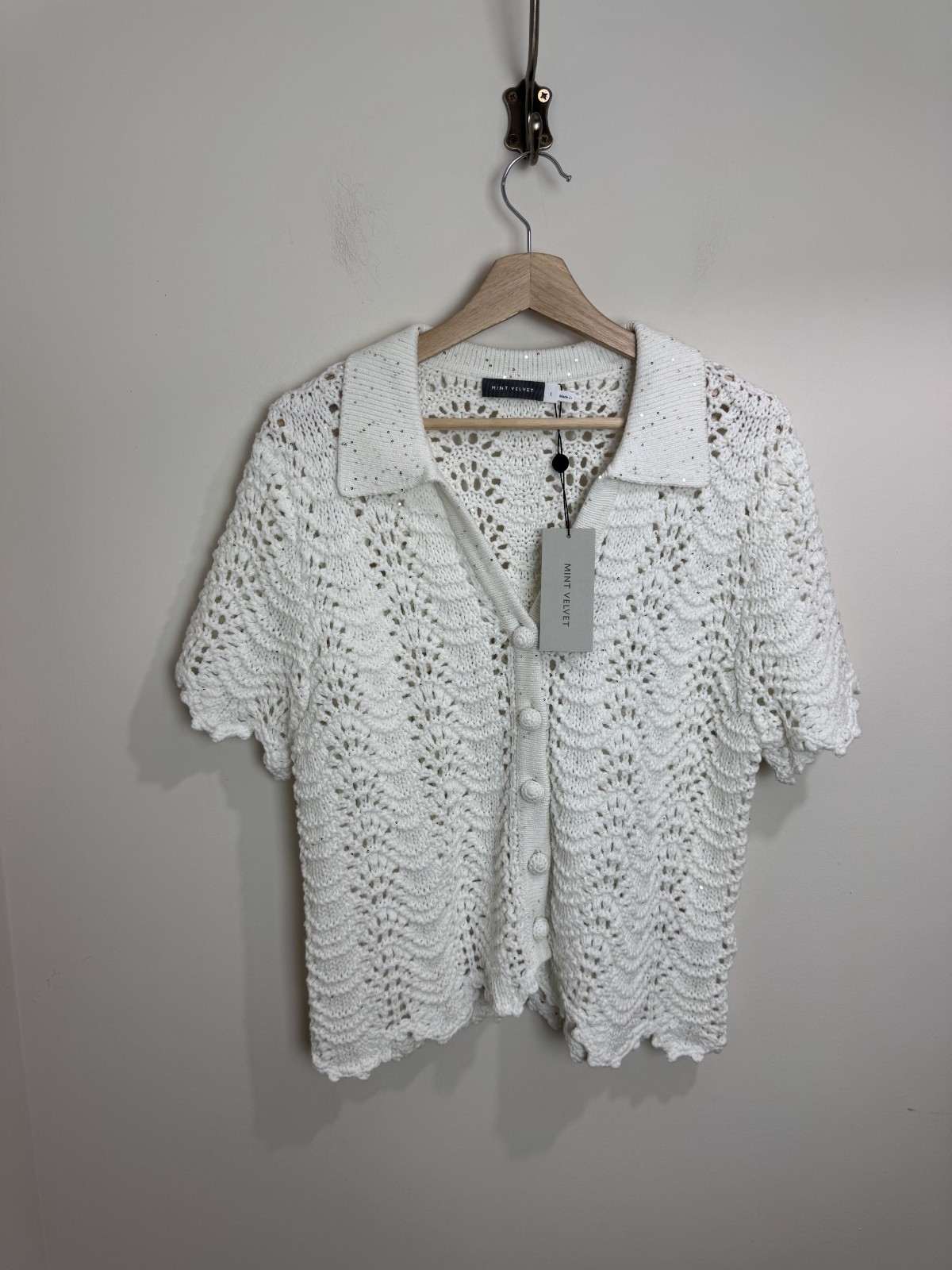 Mint Velvet Crochet Knit Cardigan Top Size L Ivory Sparkle Sequins Short Sleeve