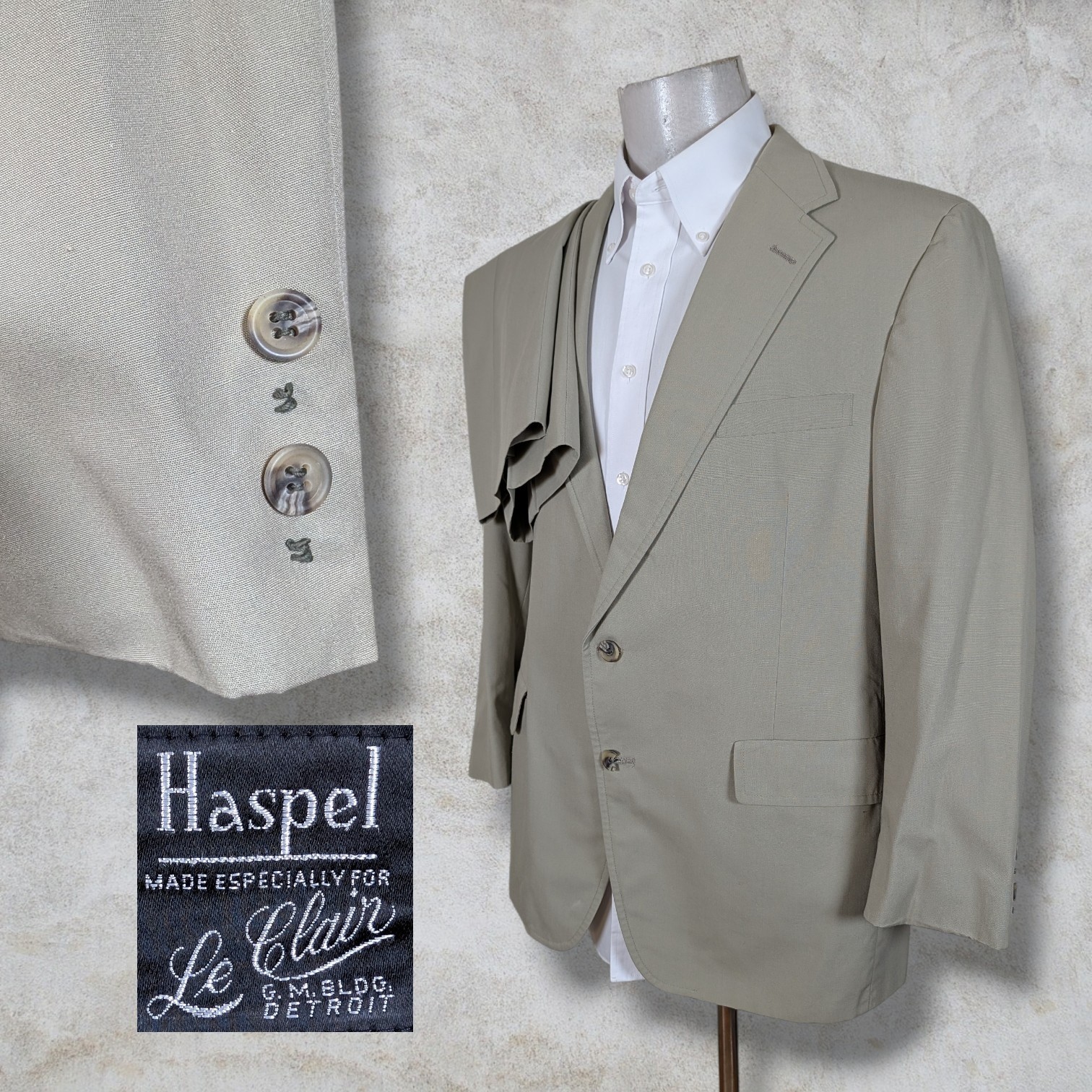 Haspel 2 Piece Suit Mens 44R Pants 40×29 Solid Beige Cotton Summer Vintage