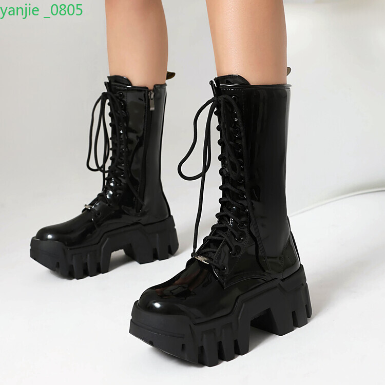 Gothic Women’s Faux Leather Platform Mid Calf Boots Lace Up Shoes Zip Block Heel