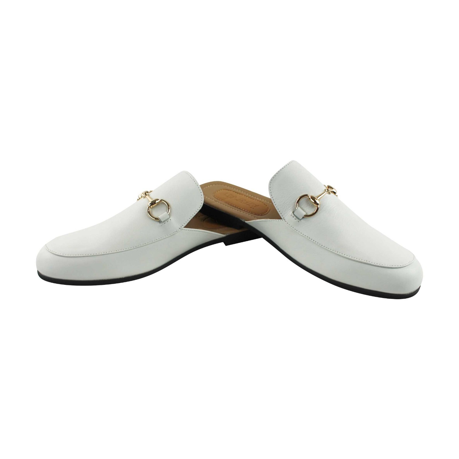 Men WHITE Real Leather Backless Slip On Mule Gold Buckle Loafers Shoes AZARMAN