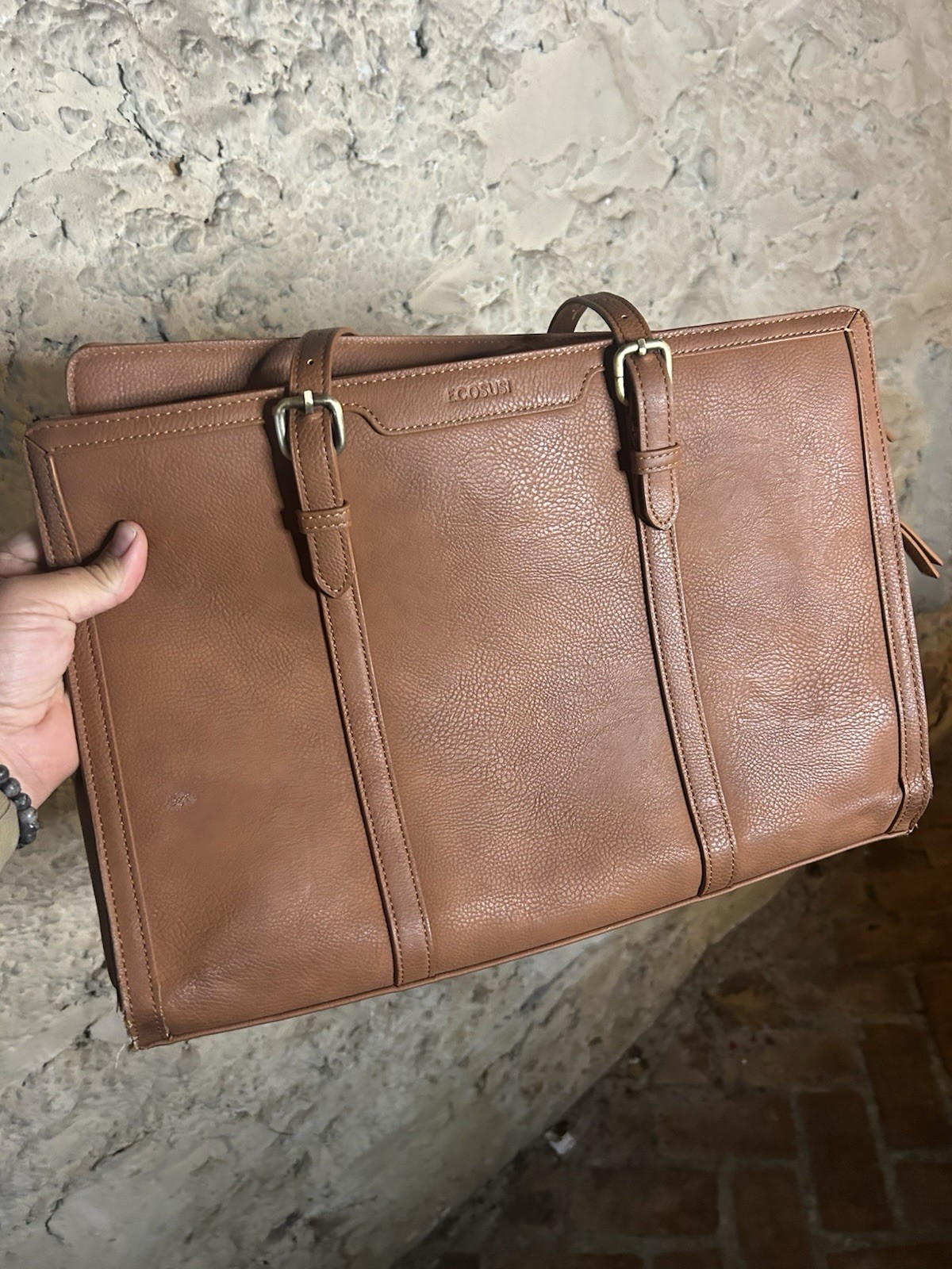 Ecosusi Brown Vegan Leather Tote Laptop Bag Tassel Strap Structured Work Satchel