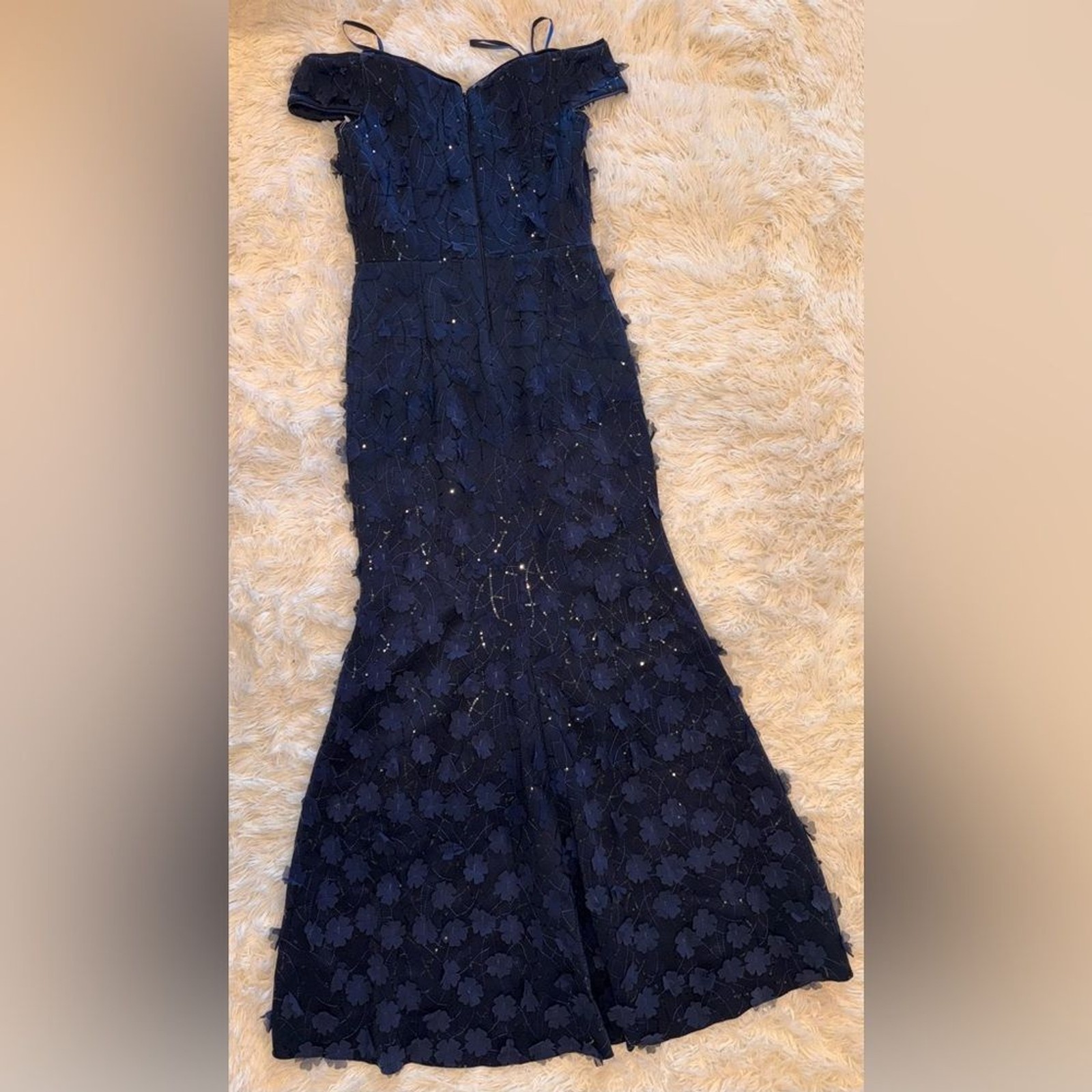 NEW Eliza J 3d floral Appliqué Off The Shoulder mermaid navy Gown sz 4