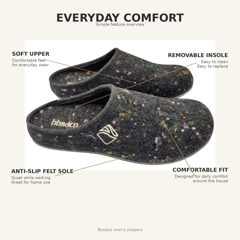 Men’s Felt Slippers BOSACO Warm Wool Anti Slip House Shoes Removable Insole