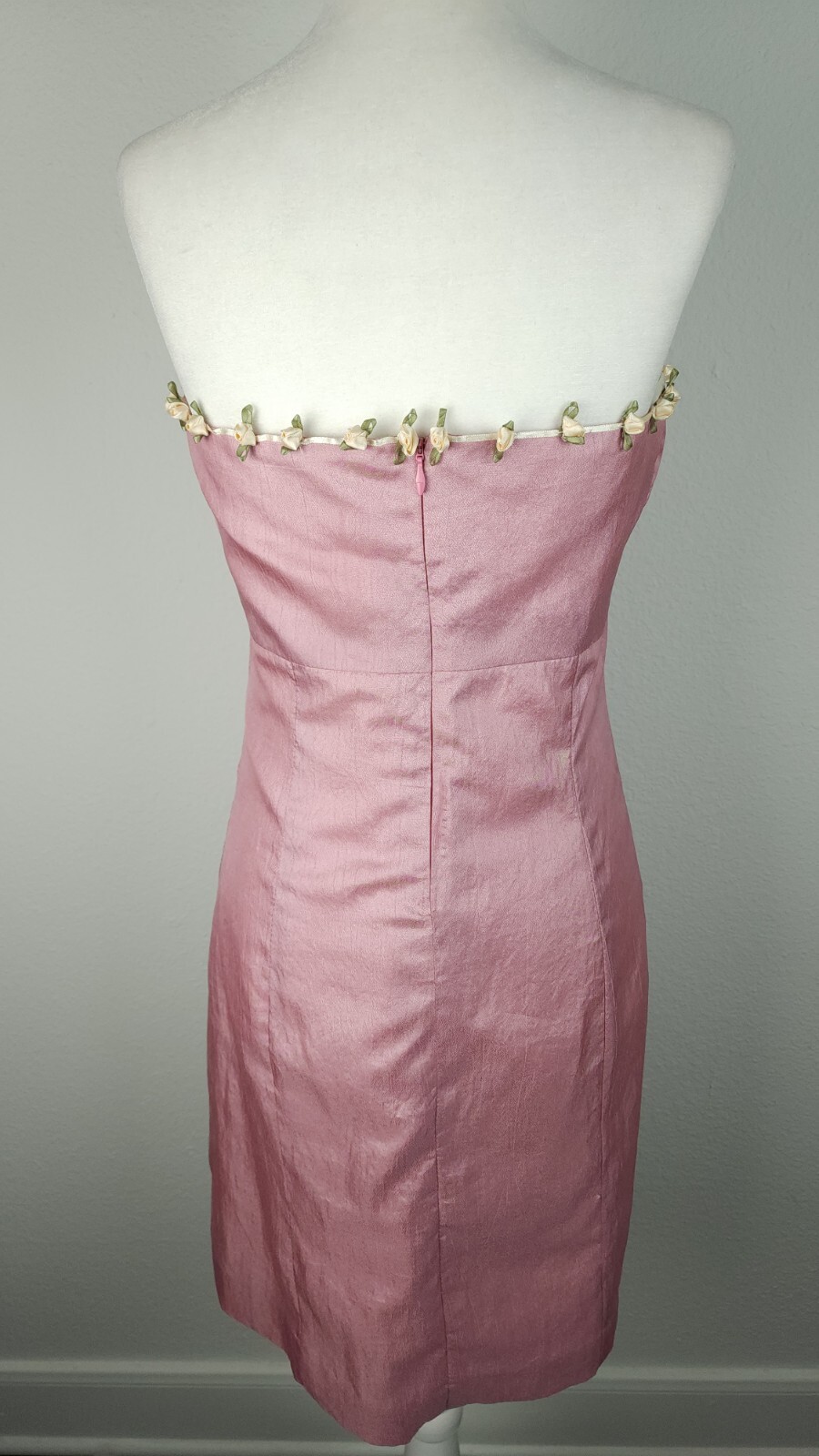 Vintage 90s Pink Silk Satin Rosebud Dress Strapless Ivory Ribbons Homemade ~M