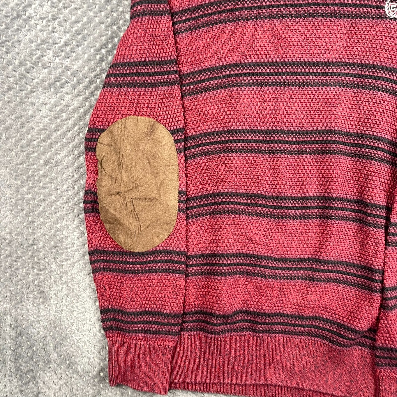 Chaps Jumper Mens Medium Red 1/4 Button Striped Elbow Pads Pullover Long Sleeve