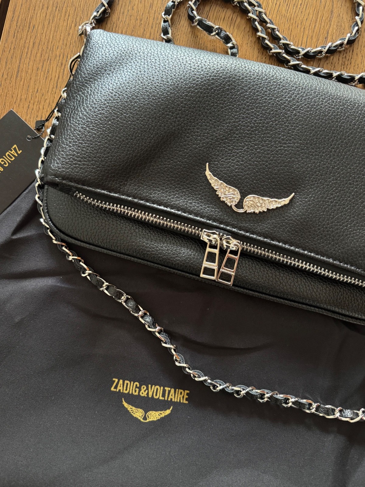 Zadig & Voltaire Rock Black Silver Chain Grainy Leather Shoulder Bag