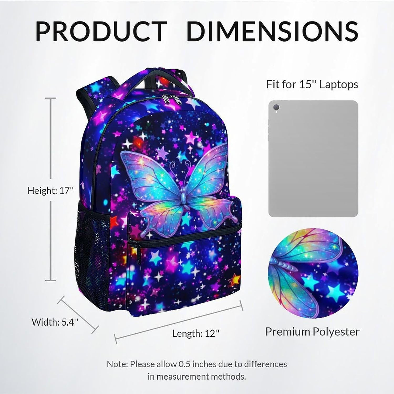 Butterfly Backpack for Girls, 17 Inch Kids School Bag for Elementary, Kindergart