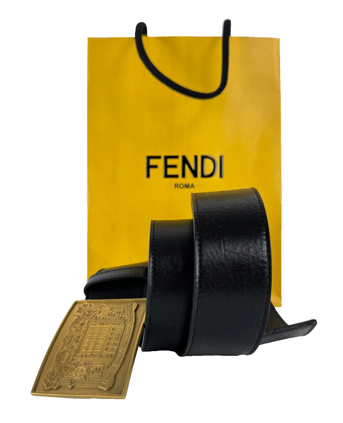 Fendi New Auth Women Black Leather Gold Tone Belt 75 cm 30 in Palazzo Buckle Bag