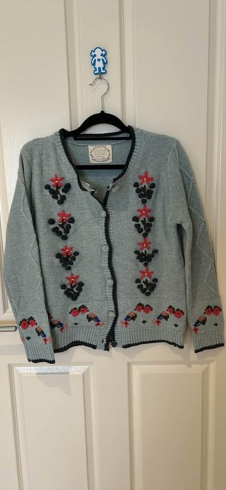 L&Y Womens Sage Green Knit Cardigan Embroidered Floral Cottagecore Jumper