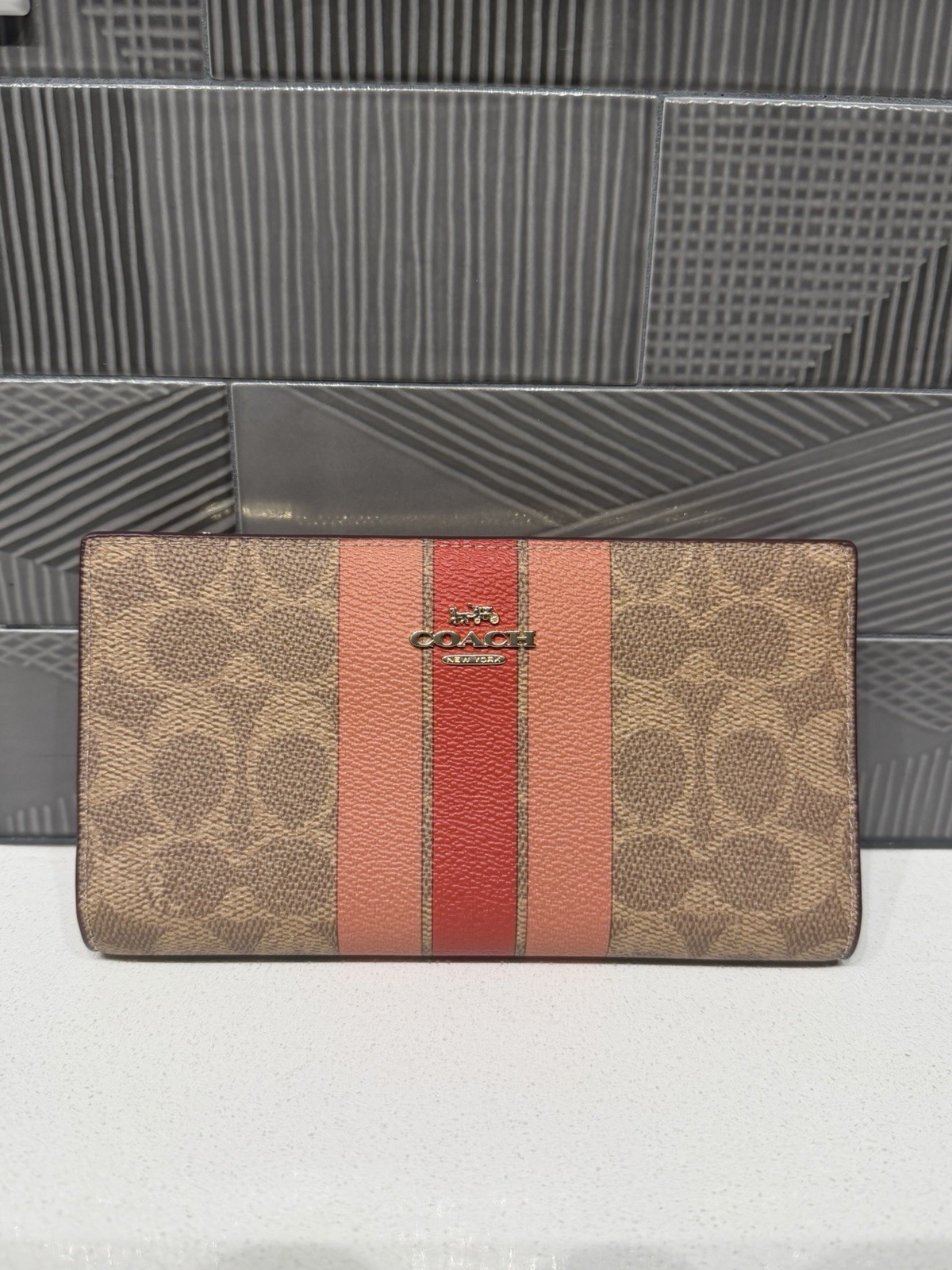 Coach Signature Brown/Red Stripe Wallet w/ Zip Coin Pocket, Folding, Women