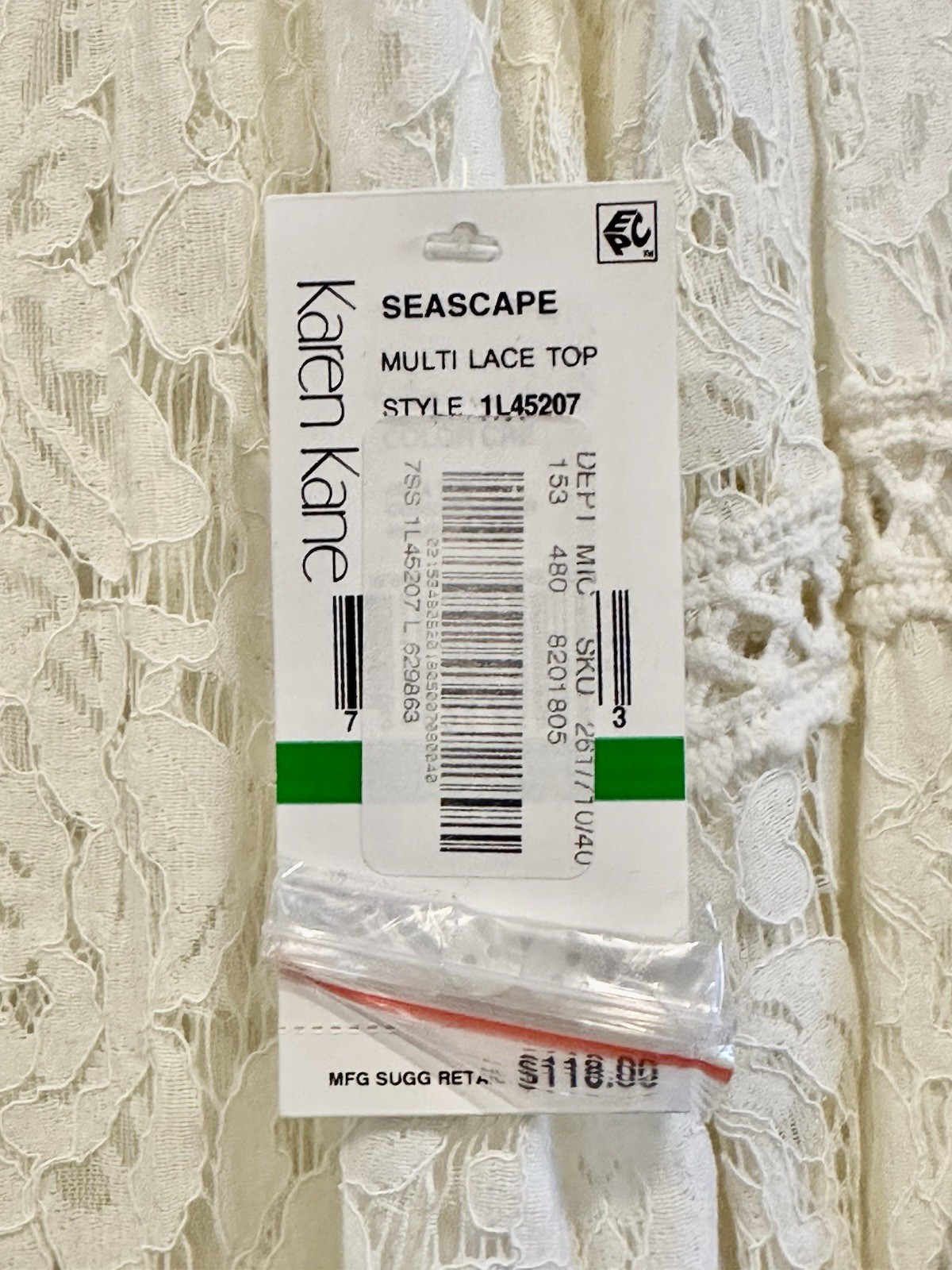 KAREN KANE Seascape Multi-lace Sheer Top Ivory Color Vneck Buttons Sz L $118 NWT