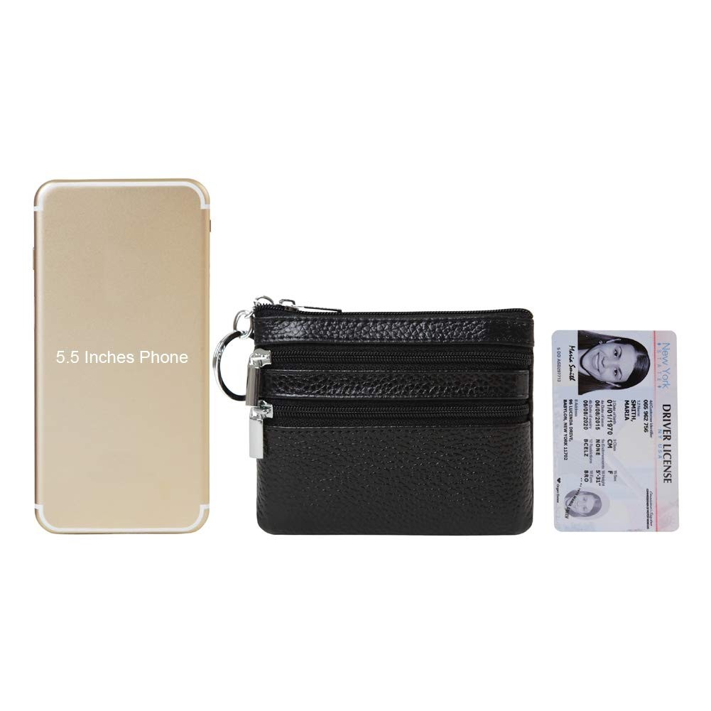 Black Leather Coin Purse Pouch with 3 Zipper Pockets for Cards and Cash