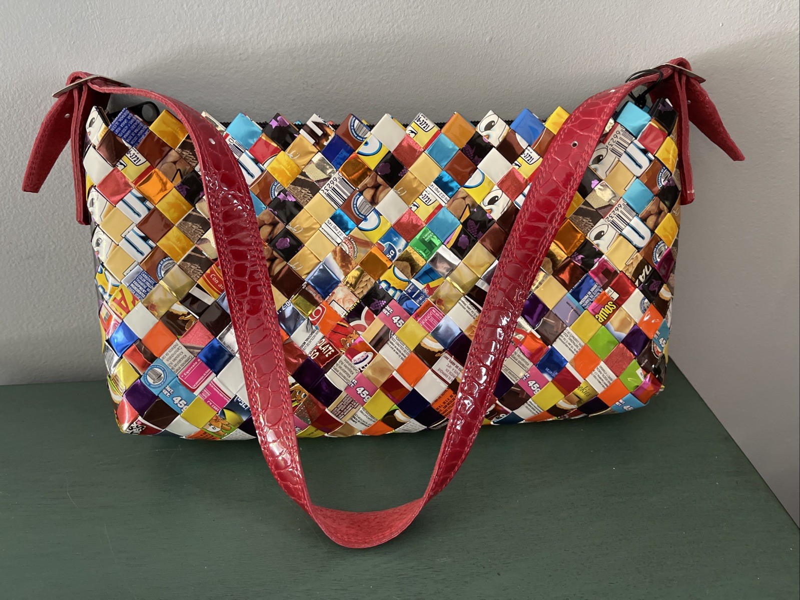 Nahui Ollin Multi Colored Woven Candy Wrapper Purse Bag Tote Zipper 13.5×7.5”