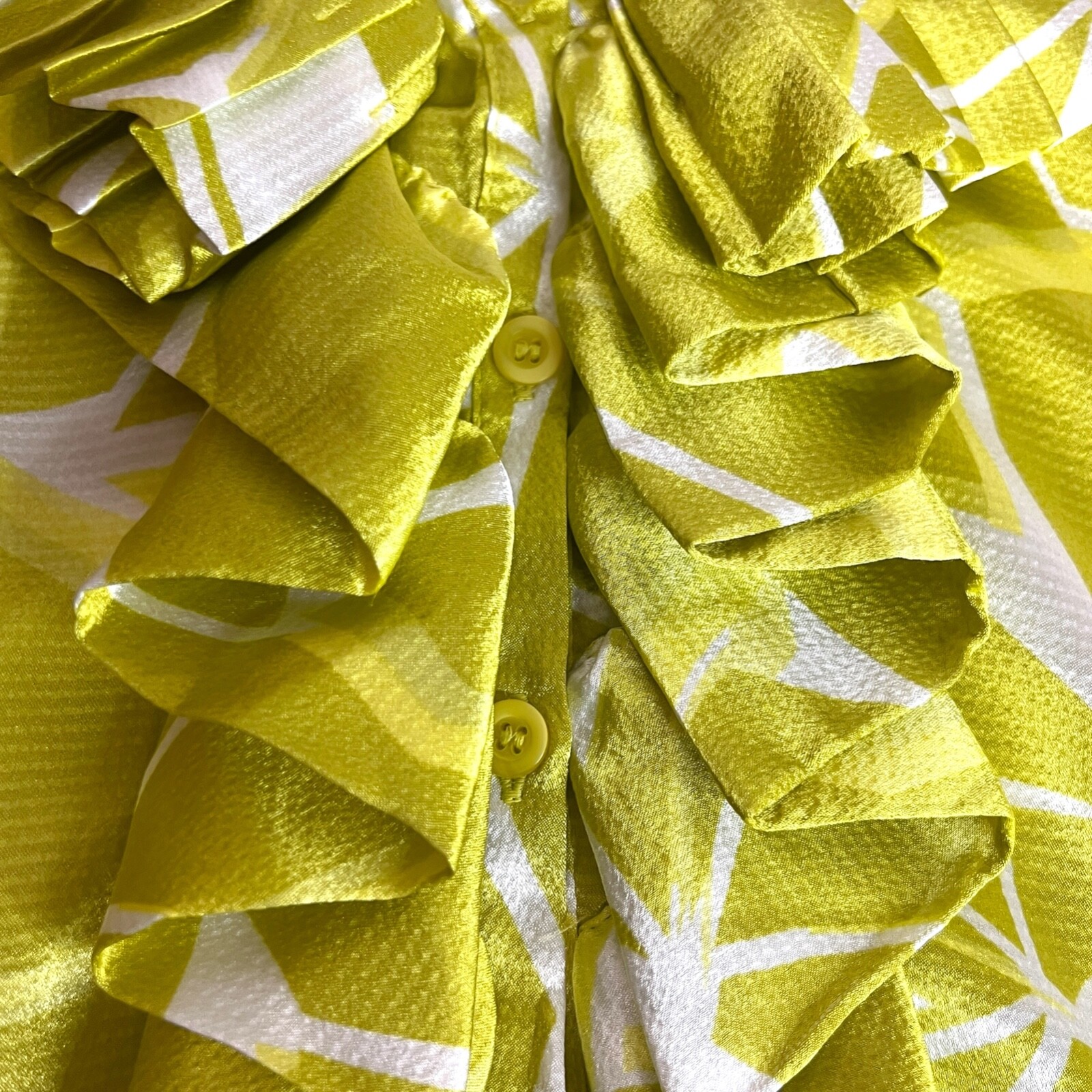 New York & Co Ruffle Front Sleeveless Blouse Geometric Corporate Regency Sz 14