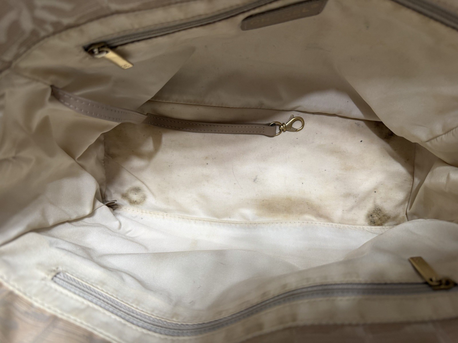 CHANEL Logo Pattern Travel Line Tote Bag Beige