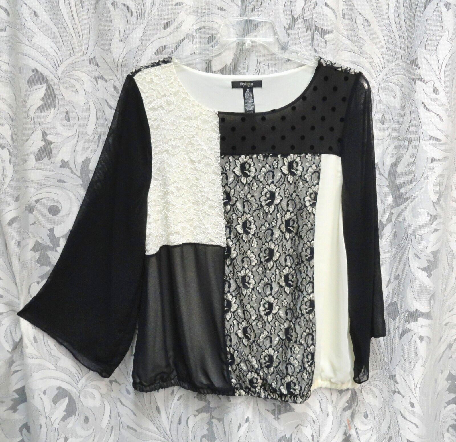 1X-0X STYLE & CO ANGEL SLEEVES LACE CHIFFON SHIMMER LINED BLOUSON TOP BLOUSE