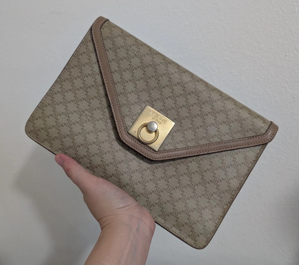 Auth Vintage CELINE Macadam Triomphe Blason Clutch Bag Beige