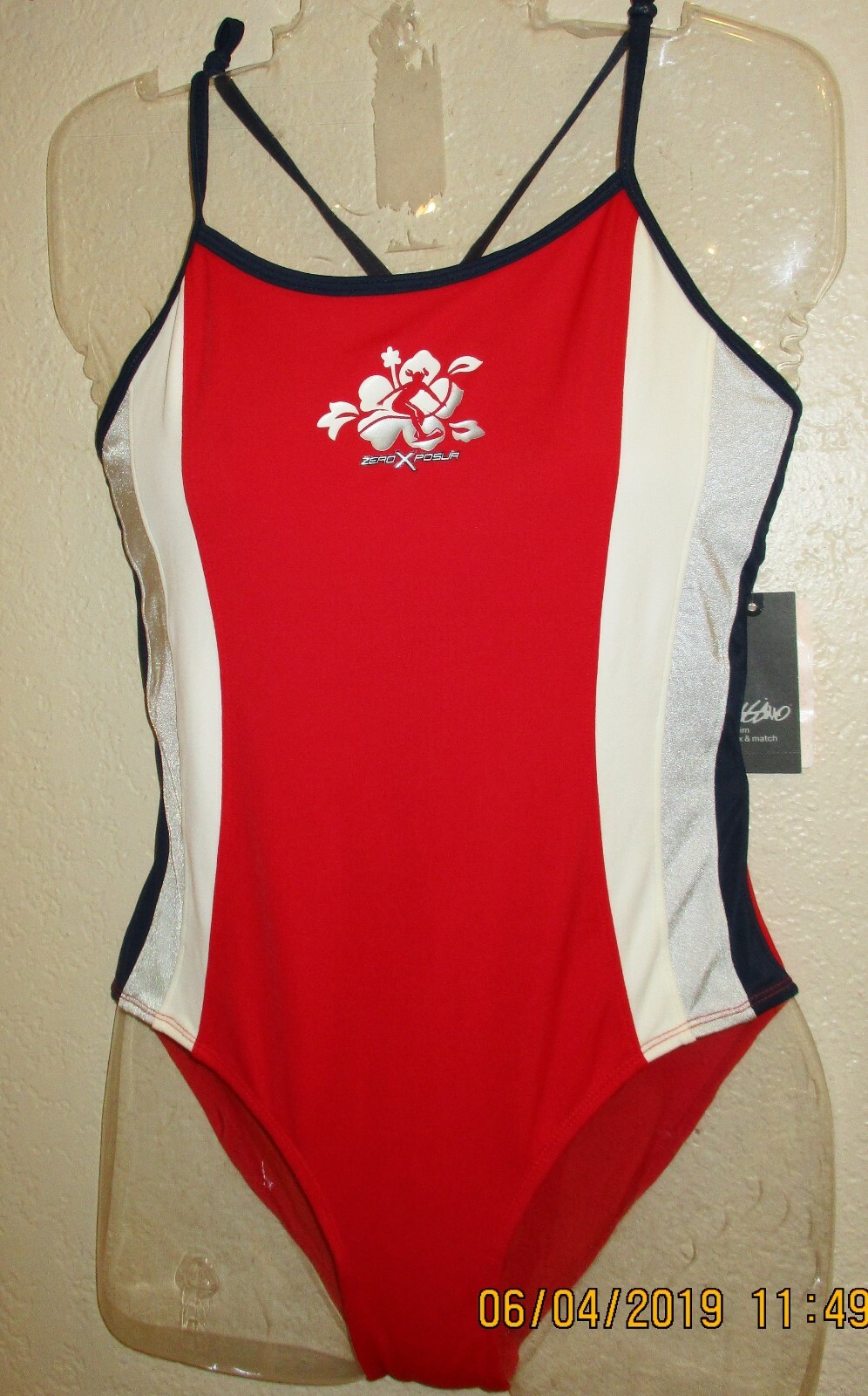Mossimo Womens Modern Double Strap 1 Piece Swimsuit S 4-6 red/white/blue/silver