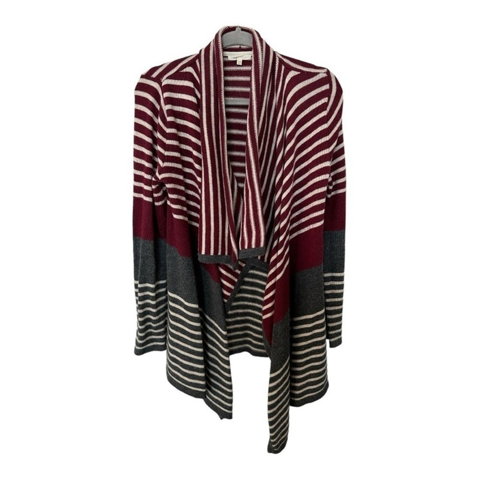 Mystree Red and Gray Cozy Striped Waterfall Open Cardigan – Women’s XSmall
