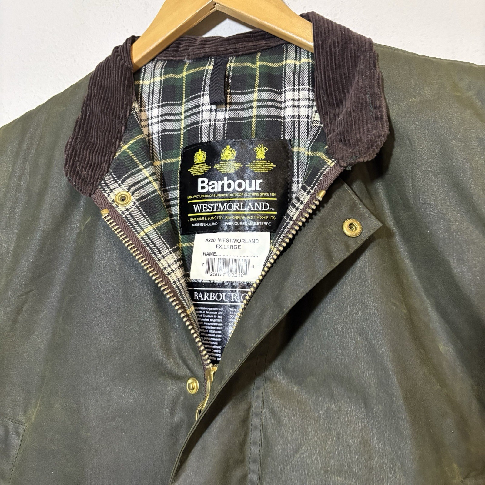 BARBOUR – A22O WESTMORLAND WAX COTTON VEST SAGE MADE IN UK Size XL Rare Zip Up