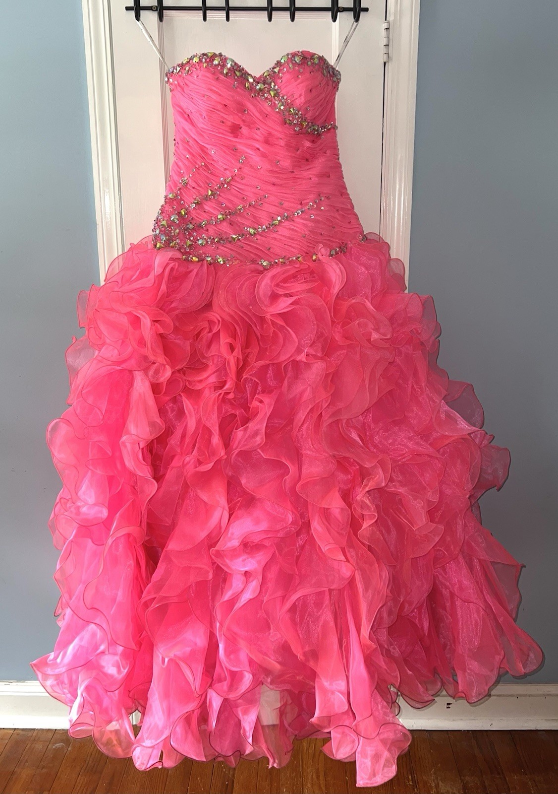 Tiffany Designs Hot Pink Strapless Ruffled Balled Gown