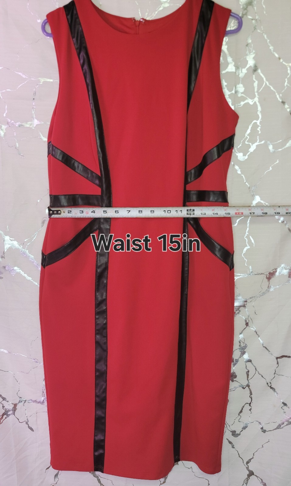 NY&C Red Bodycon Dress With Black Leather Trim And Pockets