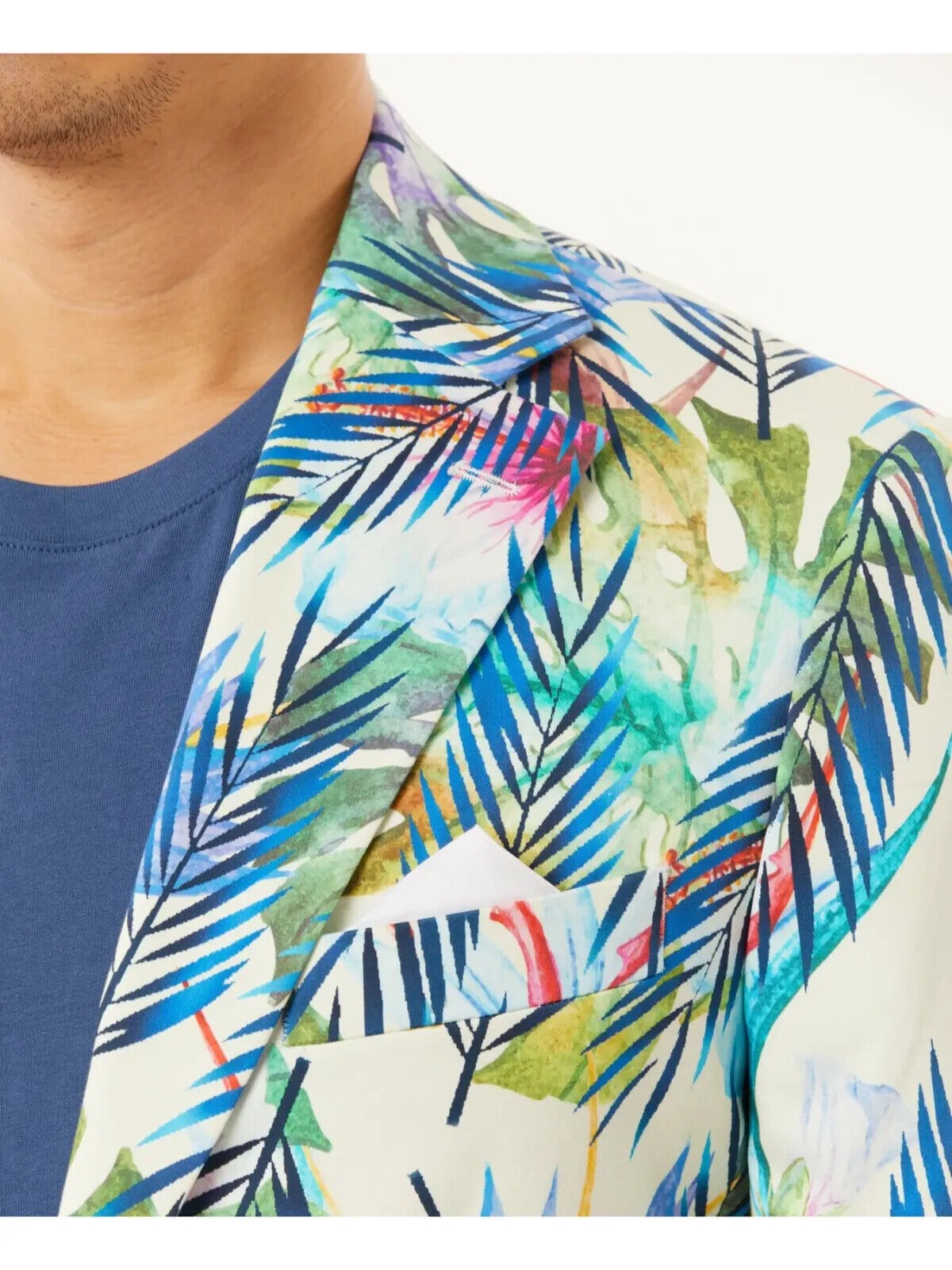 Tallia Men’s Cotton Blend Tropical Slim Fit Blazer in Blue Cream-XL 44-46