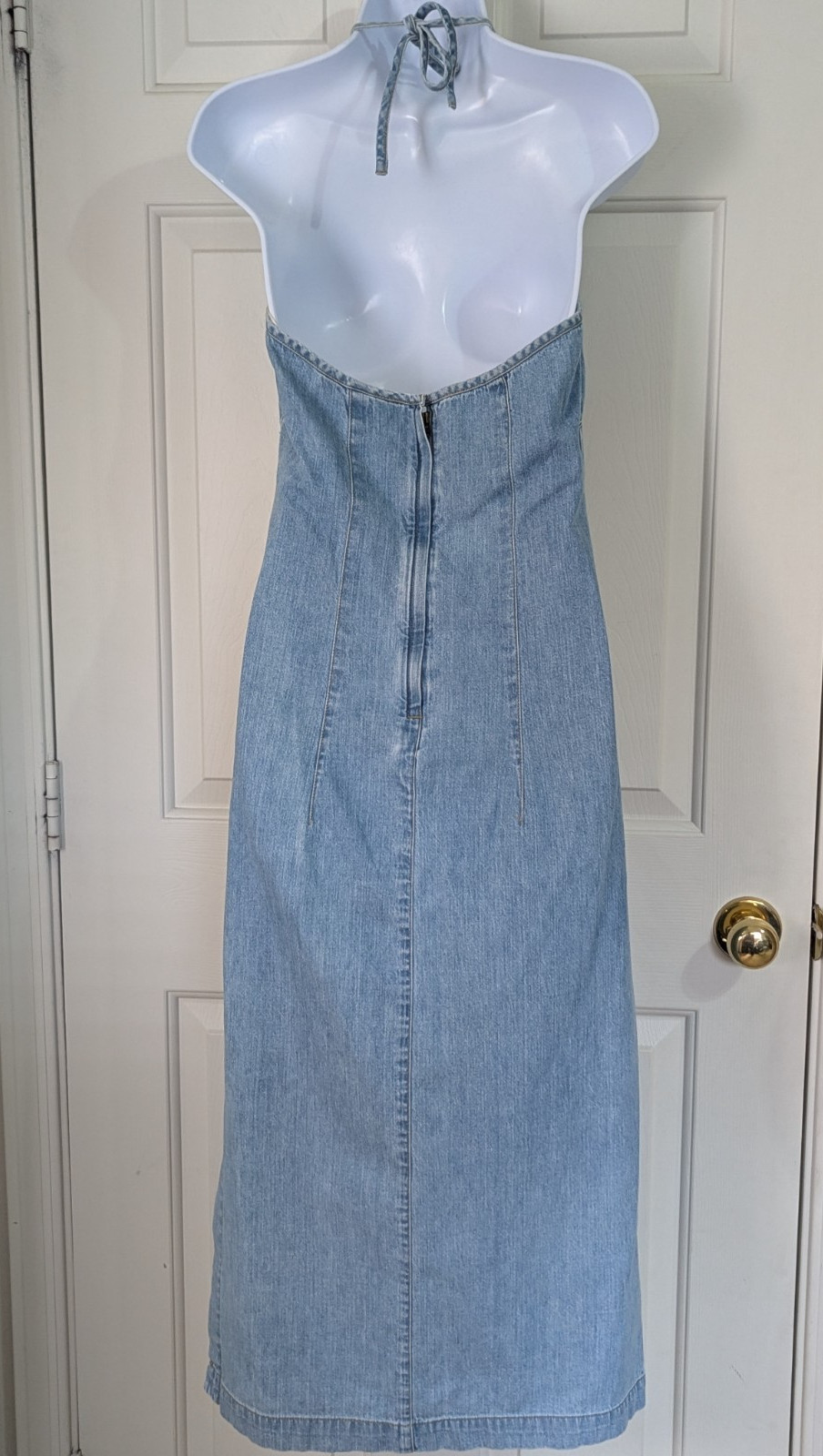 Liz Claiborne Light-Wash Denim Halter Maxi Dress 4 Slit Boho Coastal Cowgirl Y2K