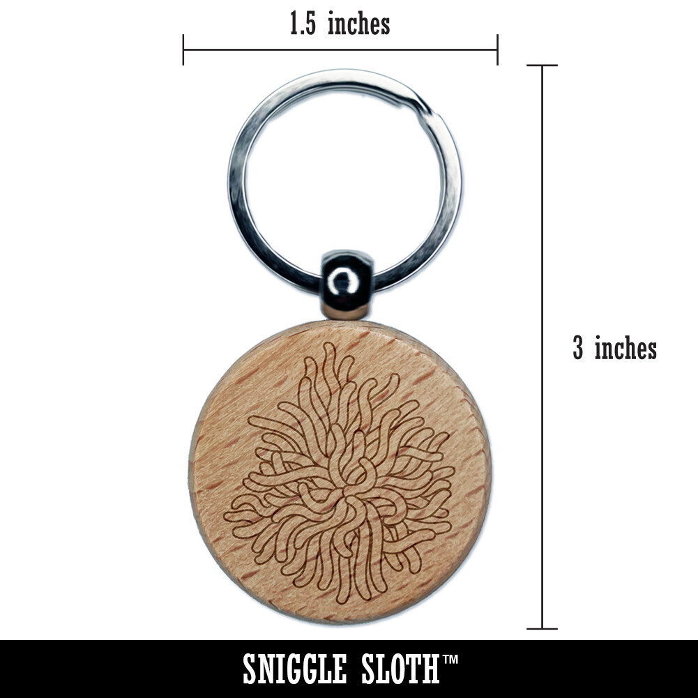 Sea Anemone Outline Ocean Life Engraved Wood Round Keychain Tag Charm