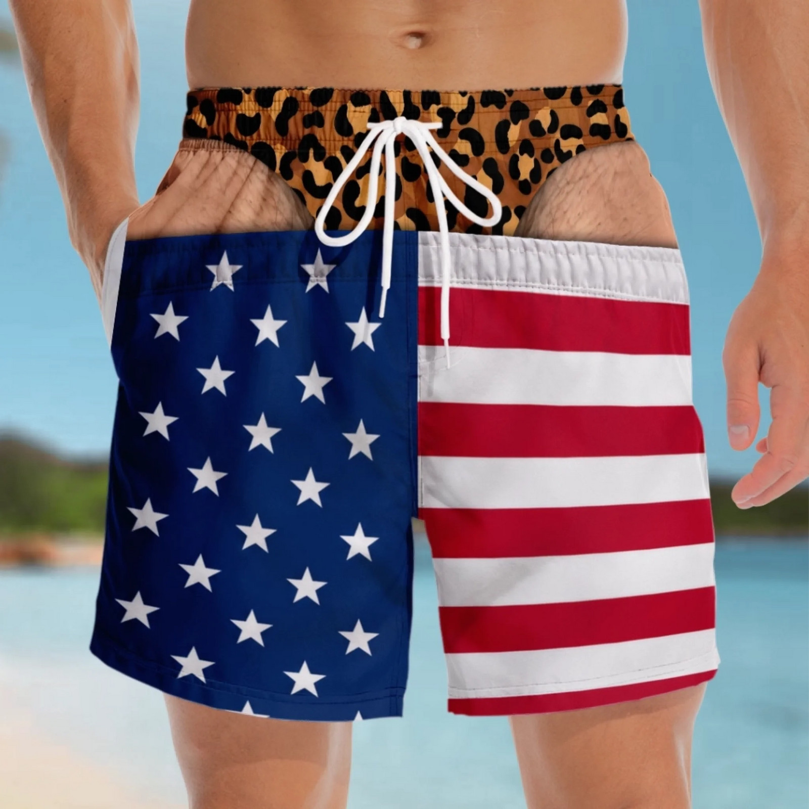 Funny America Fake Beach Underwear Thong Trunks Beach Funny Men Summer Shorts